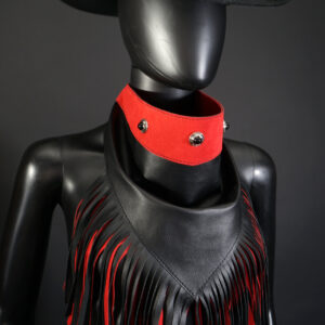 Black leather Bandalero with conchos, red Alcantara and two-tone fringe.