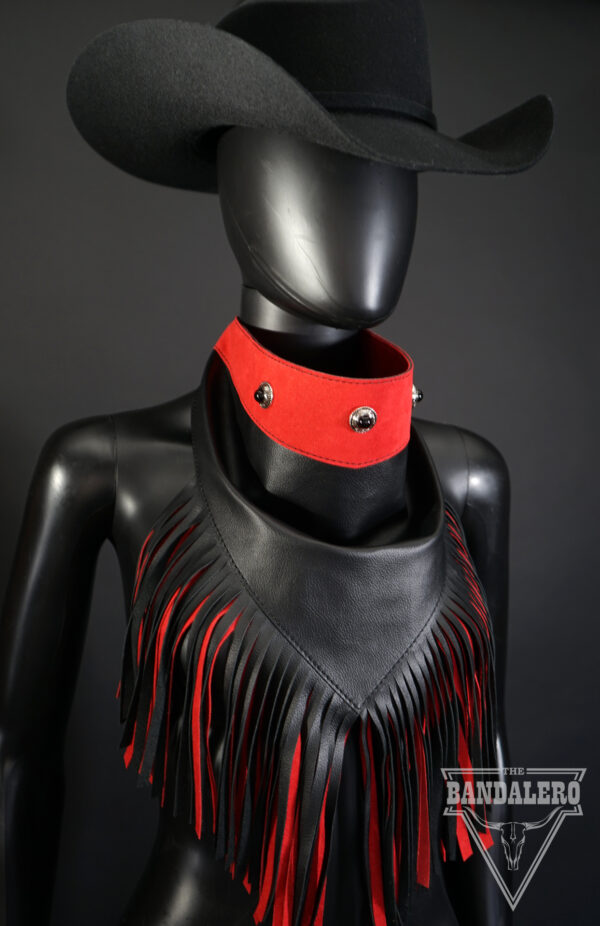 Black leather Bandalero with conchos, red Alcantara and two-tone fringe.