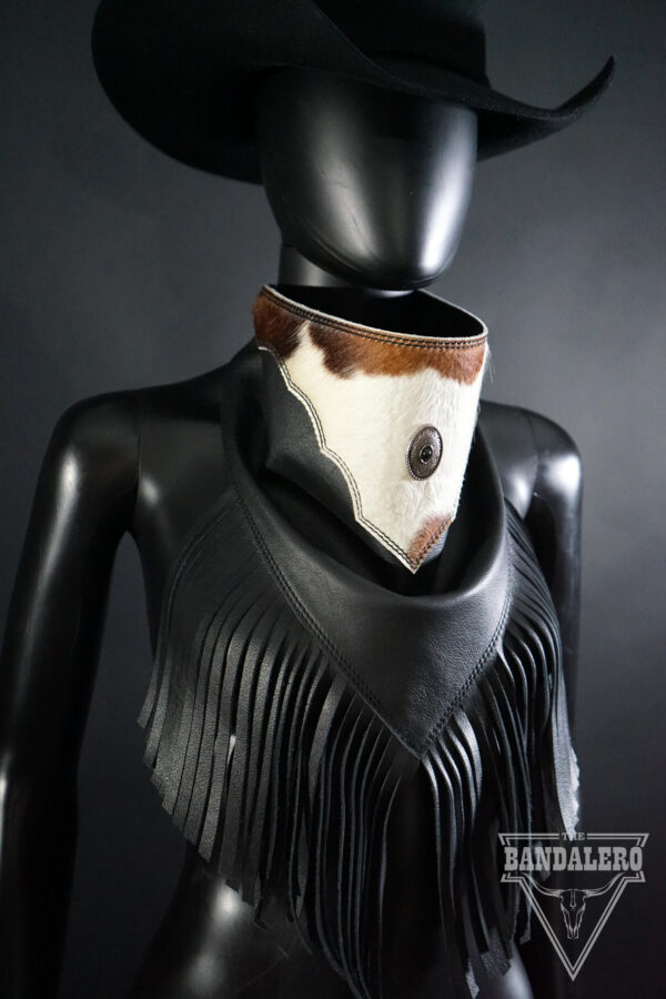 Black leather Bandalero with hair-on-hide overlay.