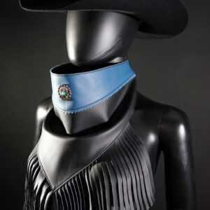 Black leather Bandalero with fringe, concho and  blue leather overlay.