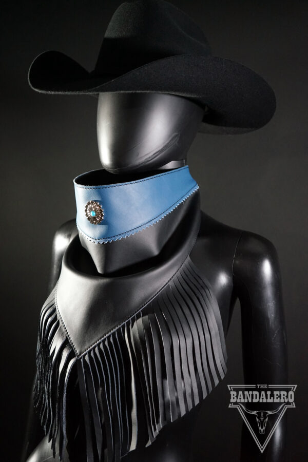 Black leather Bandalero with fringe, concho and  blue leather overlay.